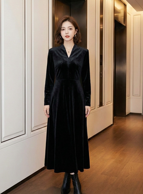 【金金宠粉】桑蚕丝复古丝绒收腰大摆中长连衣裙HBZX710177