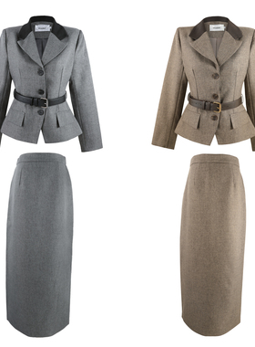 2025秋季新款西装领开衫外套高腰包臀半身裙时尚套装HBZX720007