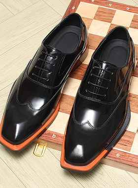 品味潮男靓丽稳重！里外全牛皮绿蓝棕黄色出彩方头刚毅商务鞋