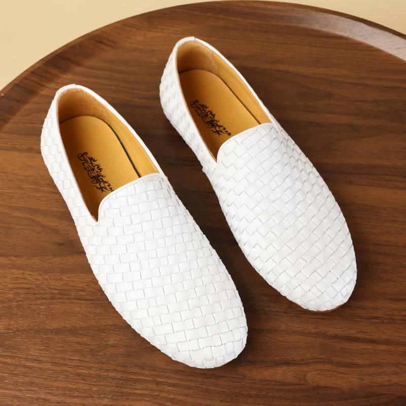 夏季新款头层软牛皮一脚蹬休闲鞋男透气编织篮人驾车鞋单鞋子白色