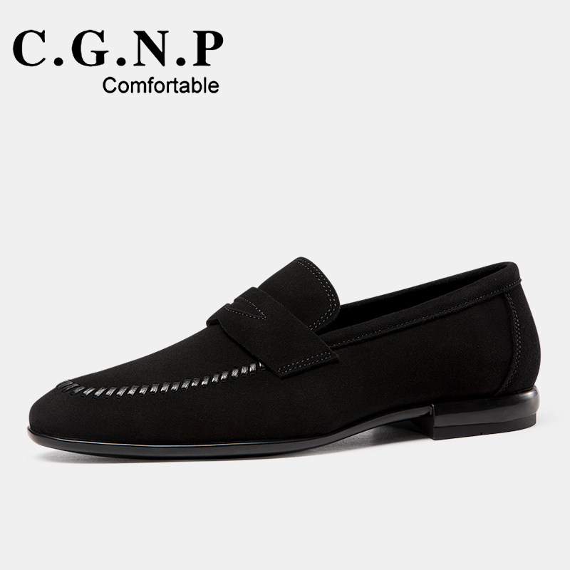 商务休闲皮鞋男士方头无带一脚蹬