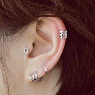 Fille定制 三层整体925纯银包金耳扣耳骨迷你耳环 及简chic冷淡风