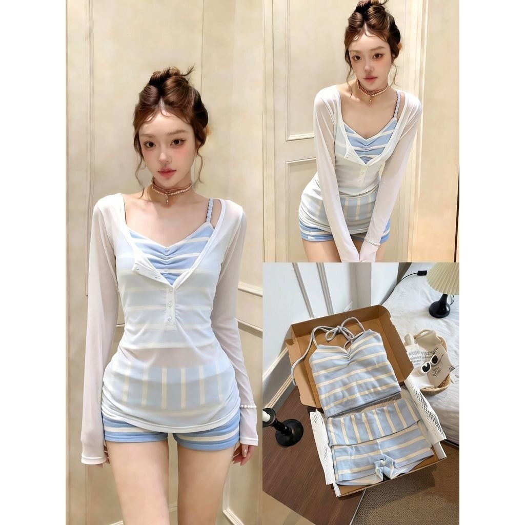 2026新款韩版ins风蓝色条纹遮肉显瘦保守度假分体泳衣女+长袖罩衫