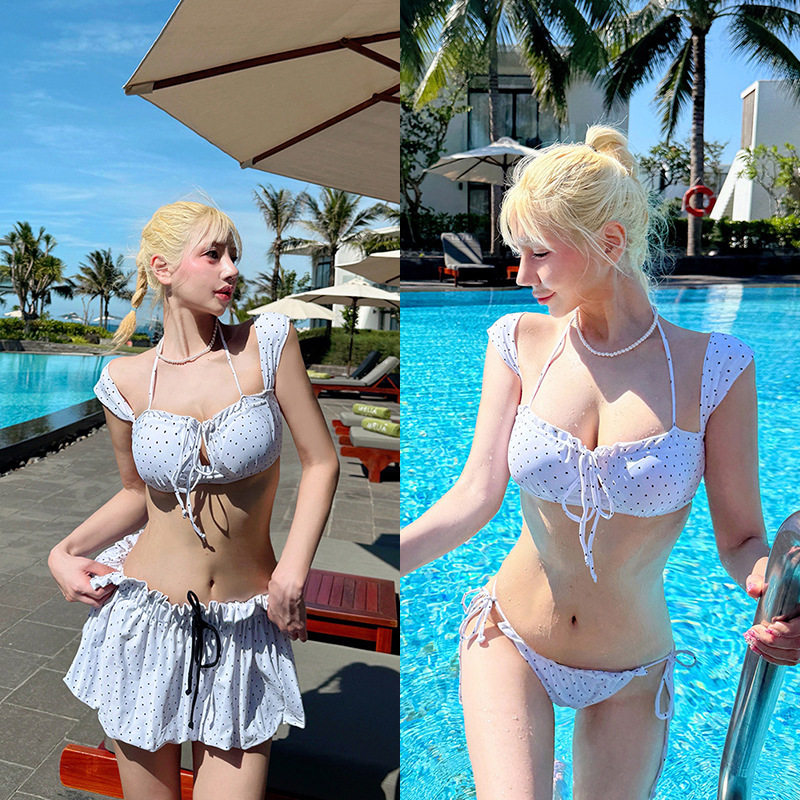 韩国温泉性感裙式泳衣女三件套2026新款复古波点大小胸聚拢比基尼