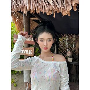 特价跨境日韩泳装星星长袖罩衫宽松套头微透绑带碎花比基尼游泳衣