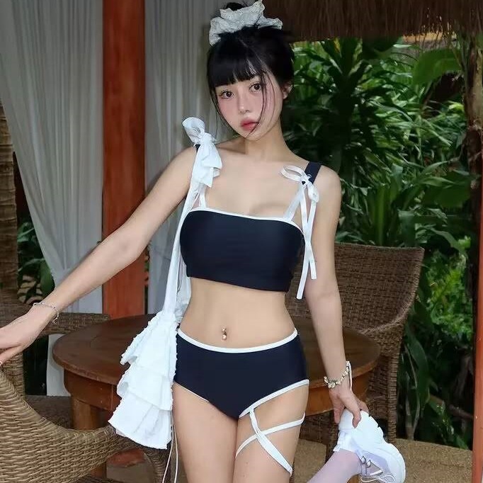 2026新款韩版比基尼性感修身遮肚高腰黑白拼色时尚绑带分体泳衣女