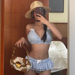 韩版 可爱荷叶边分体泳衣女性感美背蓝条纹海边度假比基尼 新款
