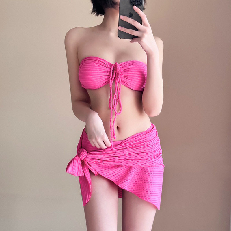 泳衣女新款性感美背系带大小胸聚拢纯色辣妹风分体比基尼三件套