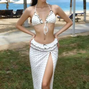 可爱性感复古波点小胸聚拢低腰飞边辣妹长裙分体比基尼 泳衣女新款