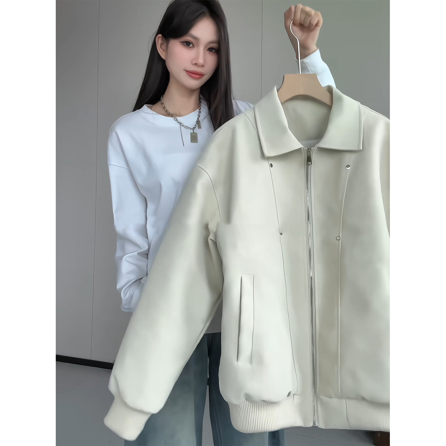 pu皮铆钉拼接皮衣夹克男女同款