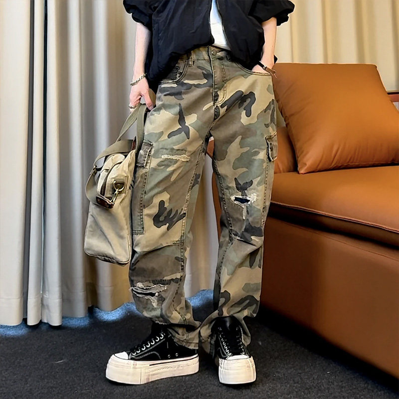 美式重磅手工补丁割破复古迷彩裤男女同款军裤战服多口袋工装裤子