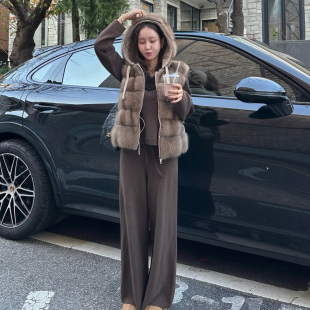 韩国东大门时尚 连帽仿水貂毛百搭两面穿皮草保暖棉服马甲外套女冬