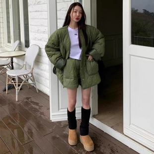 韩国东大门菱格纹宽松开叉羽绒棉服保暖外套+松紧腰夹棉短裤套装