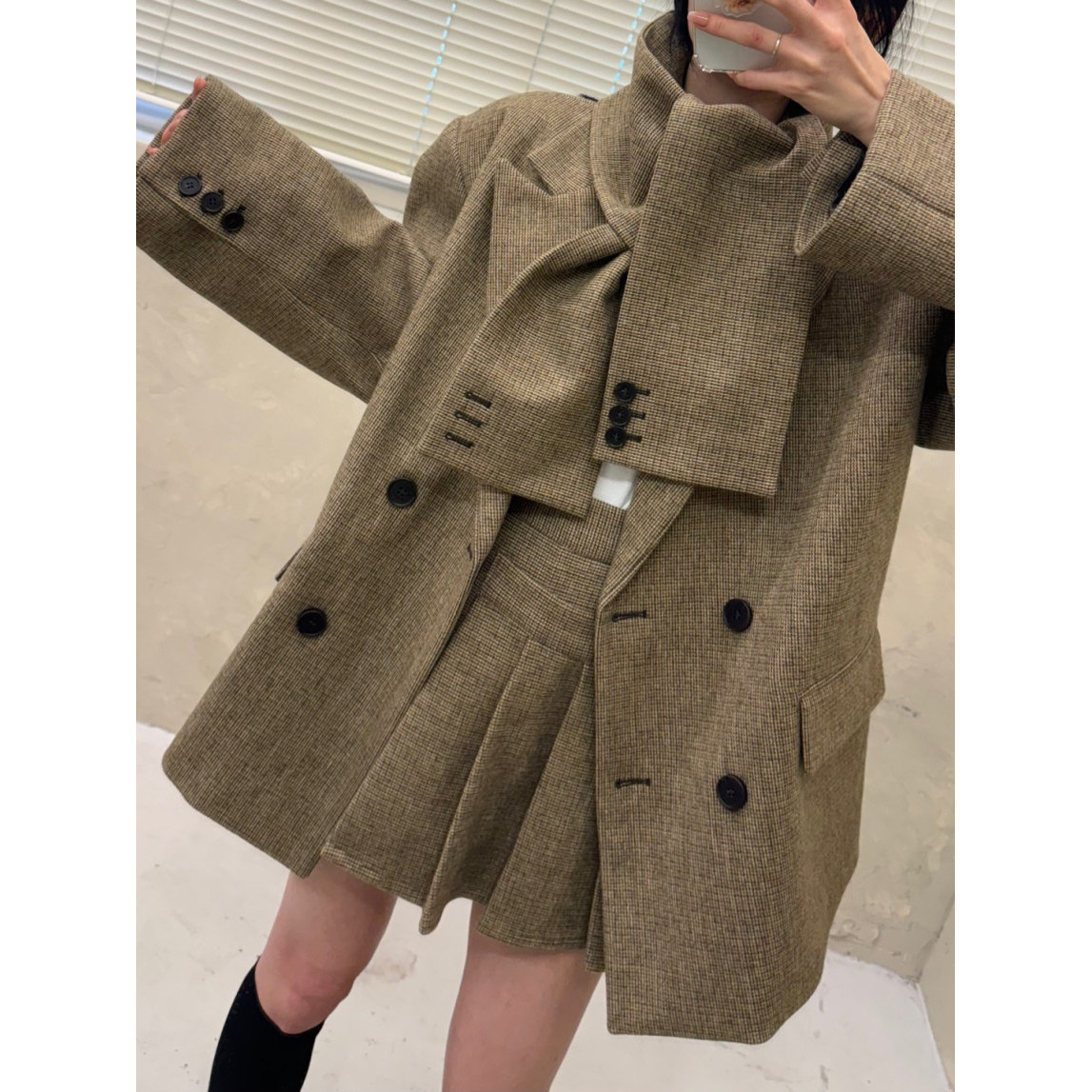 西装百褶半裙韩国格纹套装复古