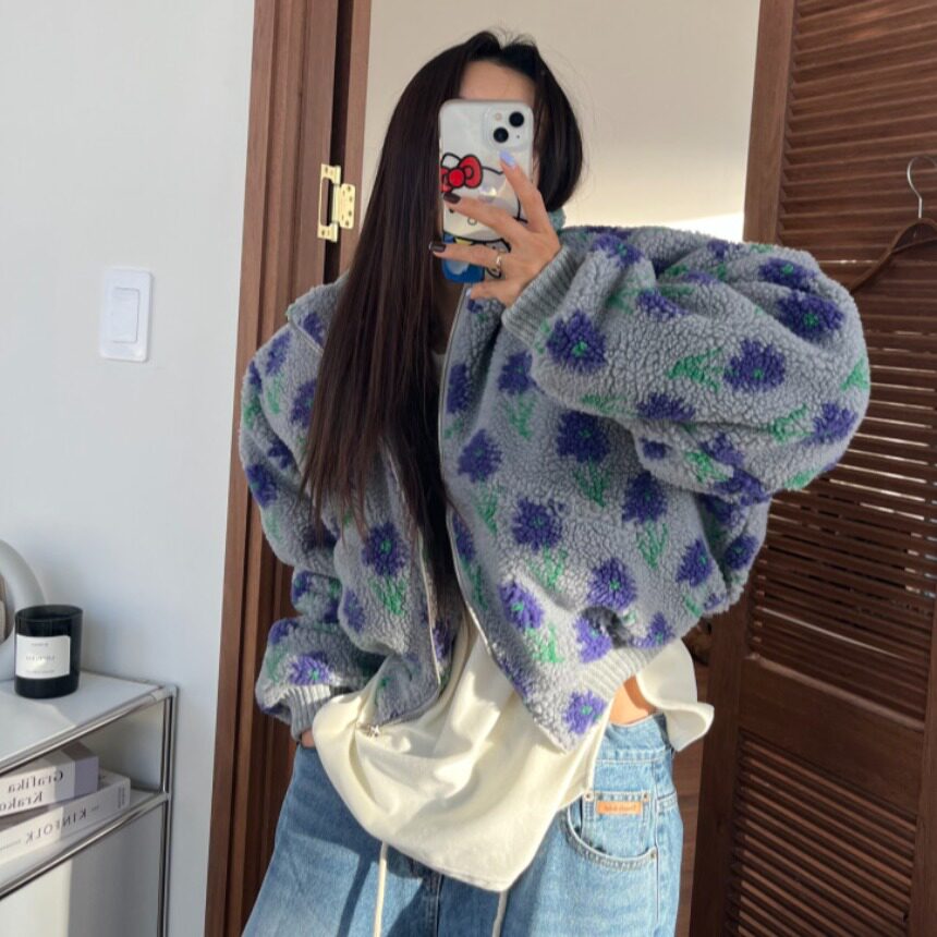 韩国东大门复古宽松立领提花抓绒拉链夹克羊羔毛保暖棉衣短外套女