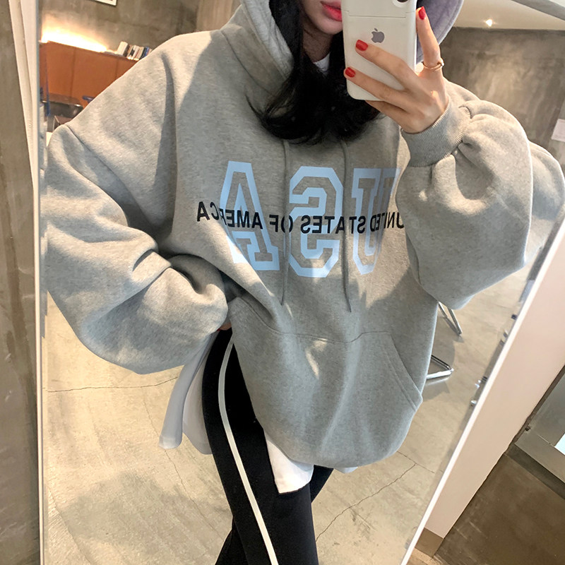 韩国套头字母印花加绒连帽卫衣女