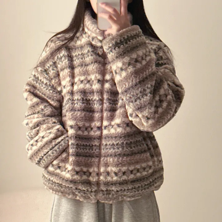 韩国撞色提花羊羔绒大衣外套女
