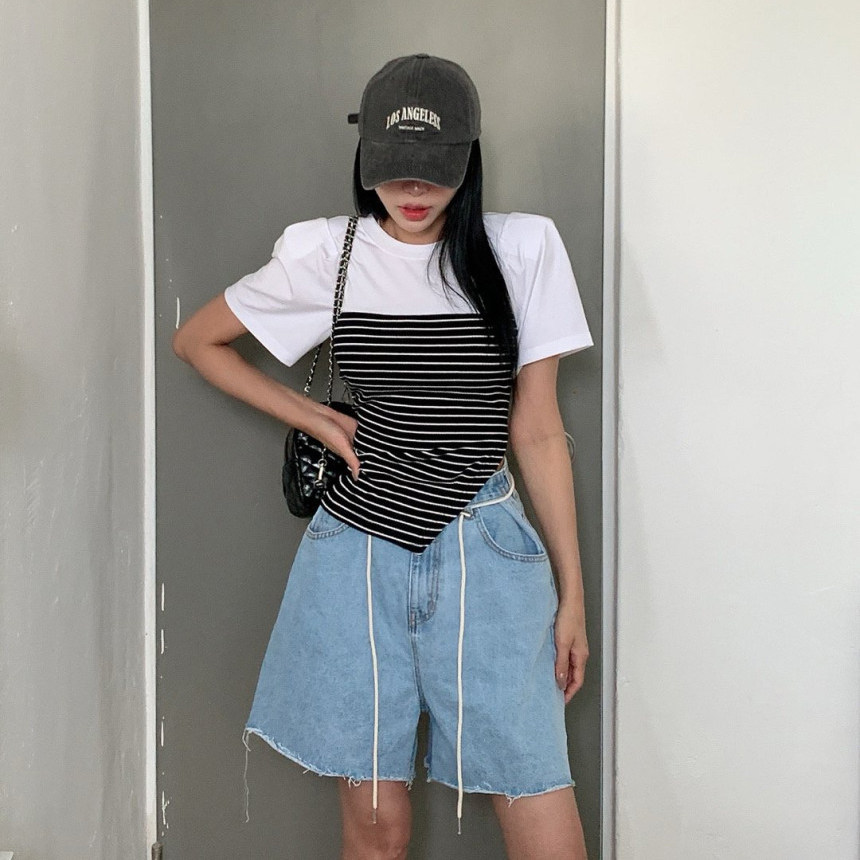 韩国条纹拼接假两件短袖T恤女