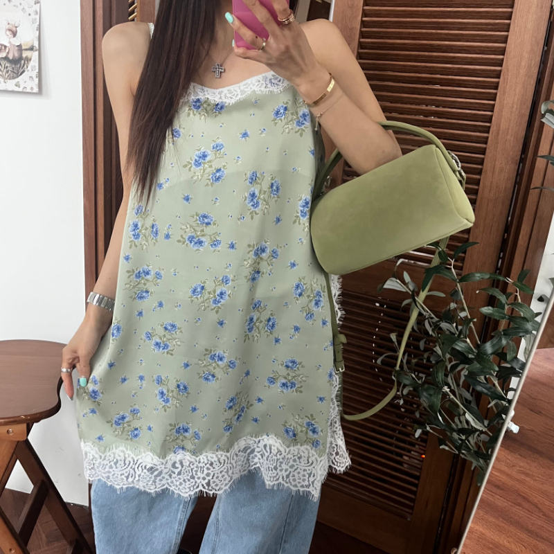 韩国东大门小众甜美小碎花蕾丝花边缎面侧开叉吊带裙女叠穿背心