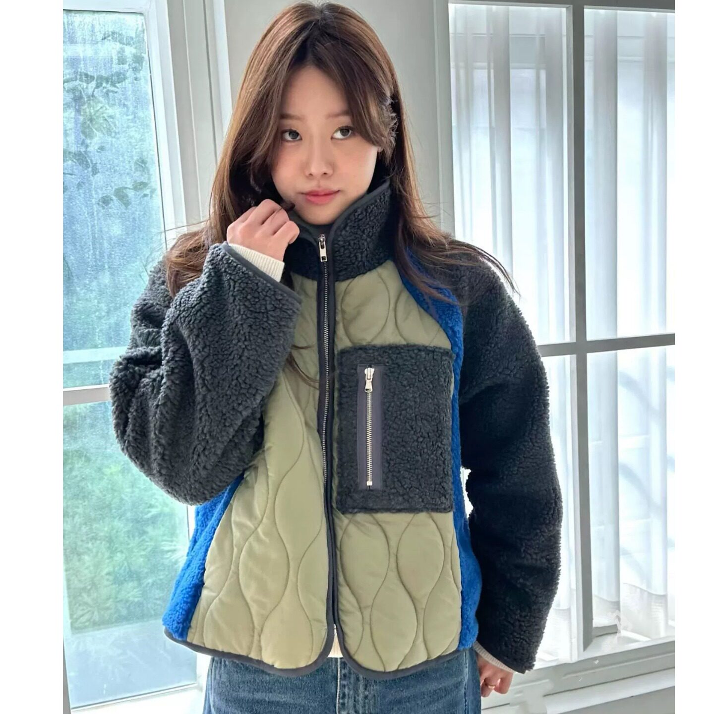 韩国立领撞色拼接羊羔毛棉服外套