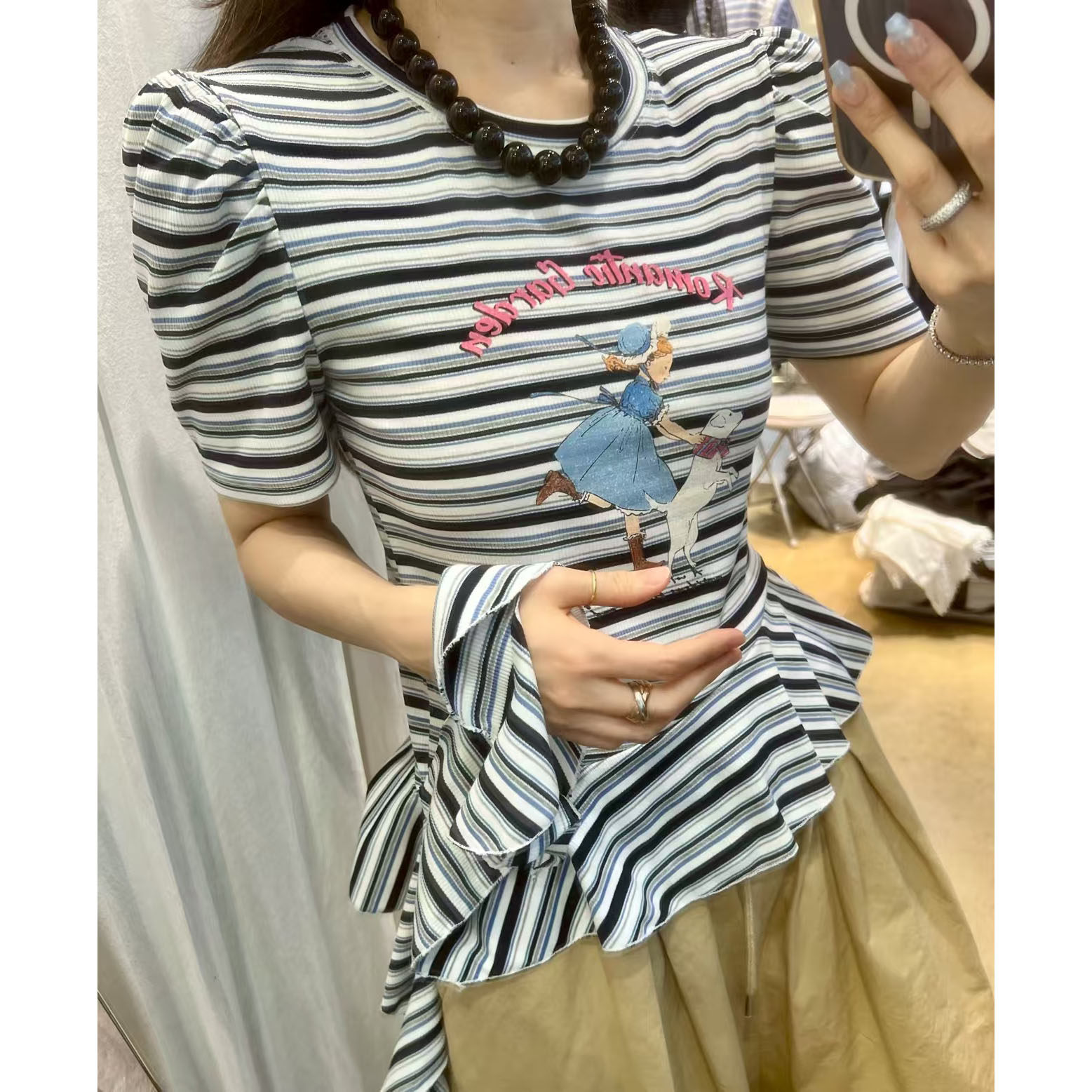 韩国条纹字母泡泡袖荷叶边T恤女