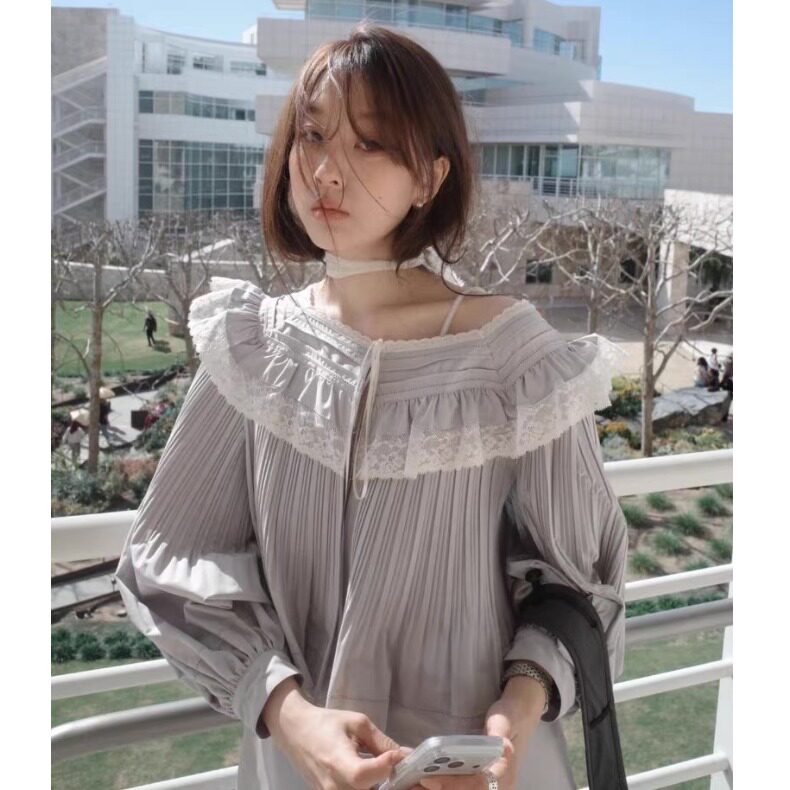 韩国甜美花边领灯笼袖长袖衬衫