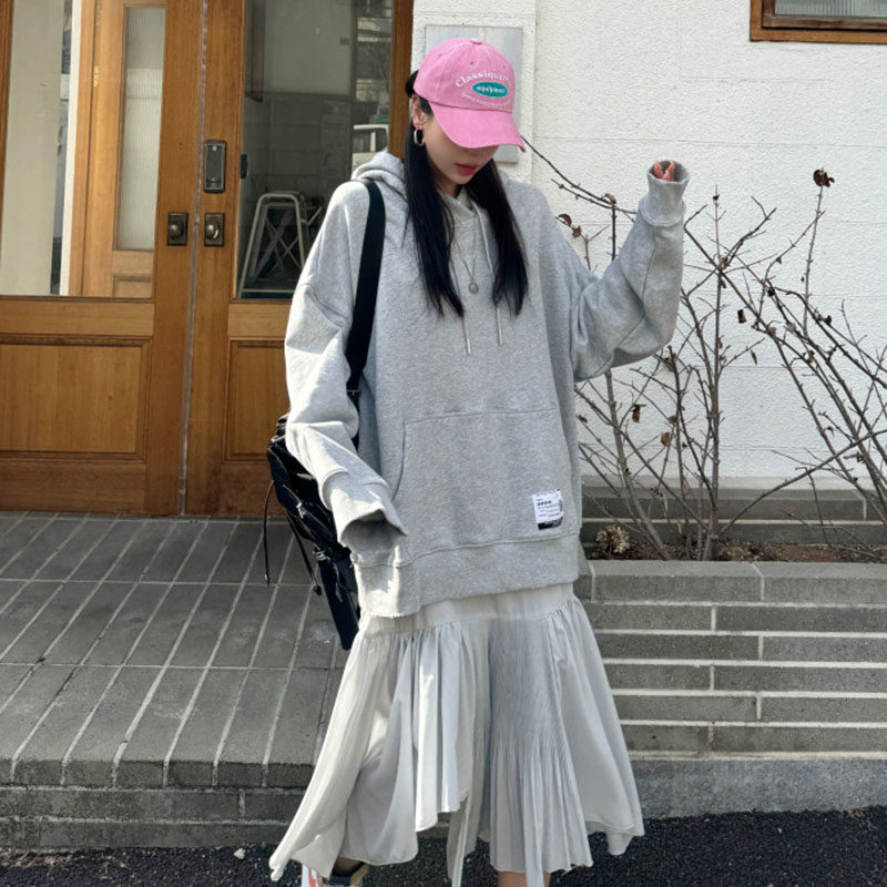 韩国东大门时尚宽松不规则百褶拼接半身裙女连帽假两件卫衣连衣裙