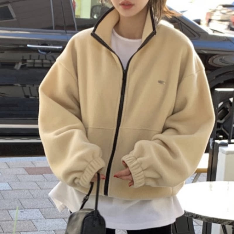 韩国立领毛绒绒拉链卫衣夹克外套