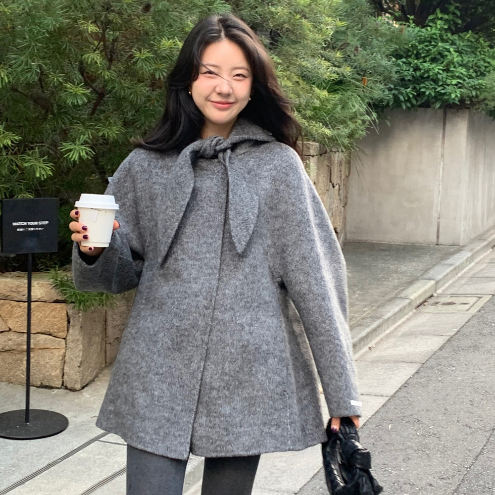 韩国东大门超好看灰色兔耳朵连帽双面羊绒大衣中长款毛呢斗篷外套