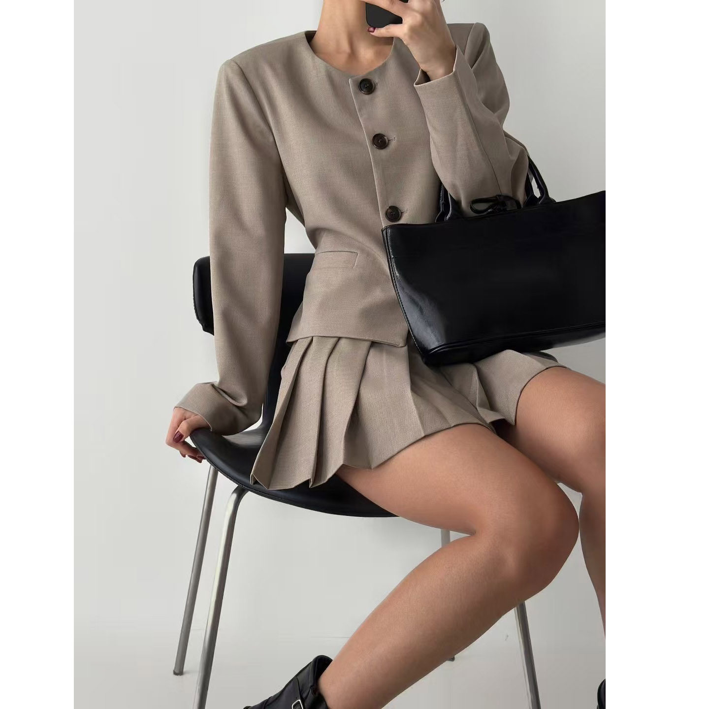 韩国东大门气质圆领收腰小西装短外套小衫+高腰百褶半身裙裤套装