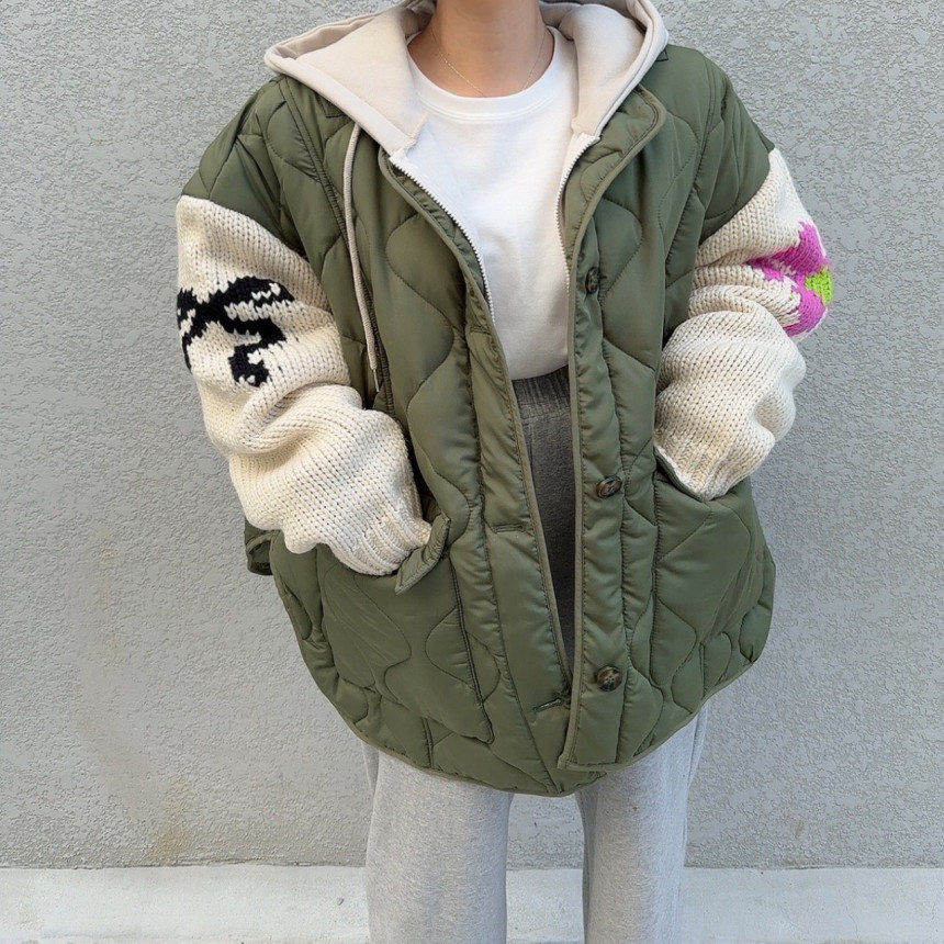 韩国宽松针织袖菱格棉服外套