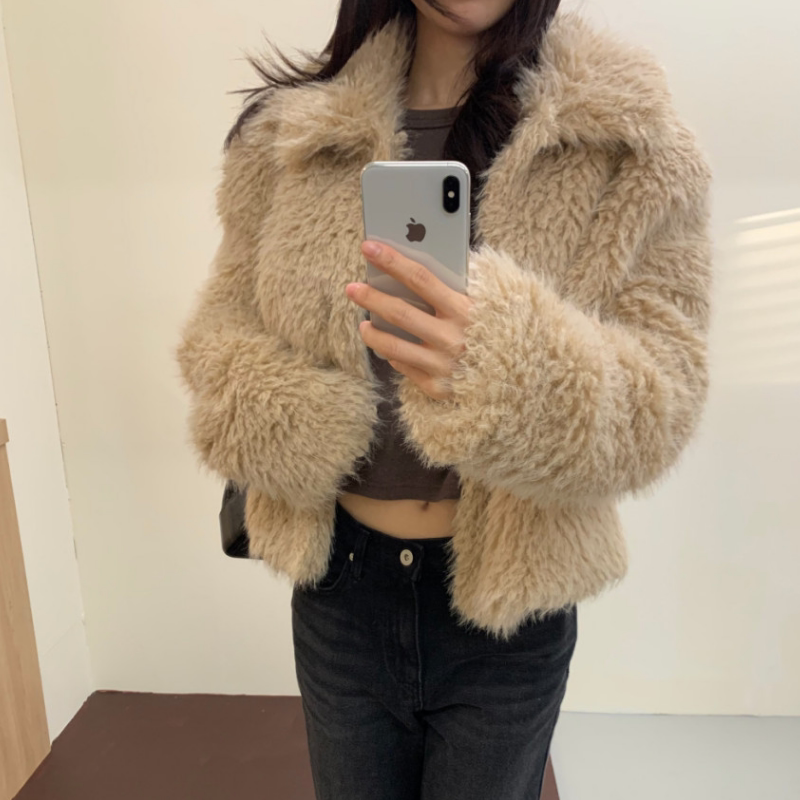 韩国东大门气质翻领皮毛一体毛绒绒仿皮草外套女夹棉保暖夹克上衣