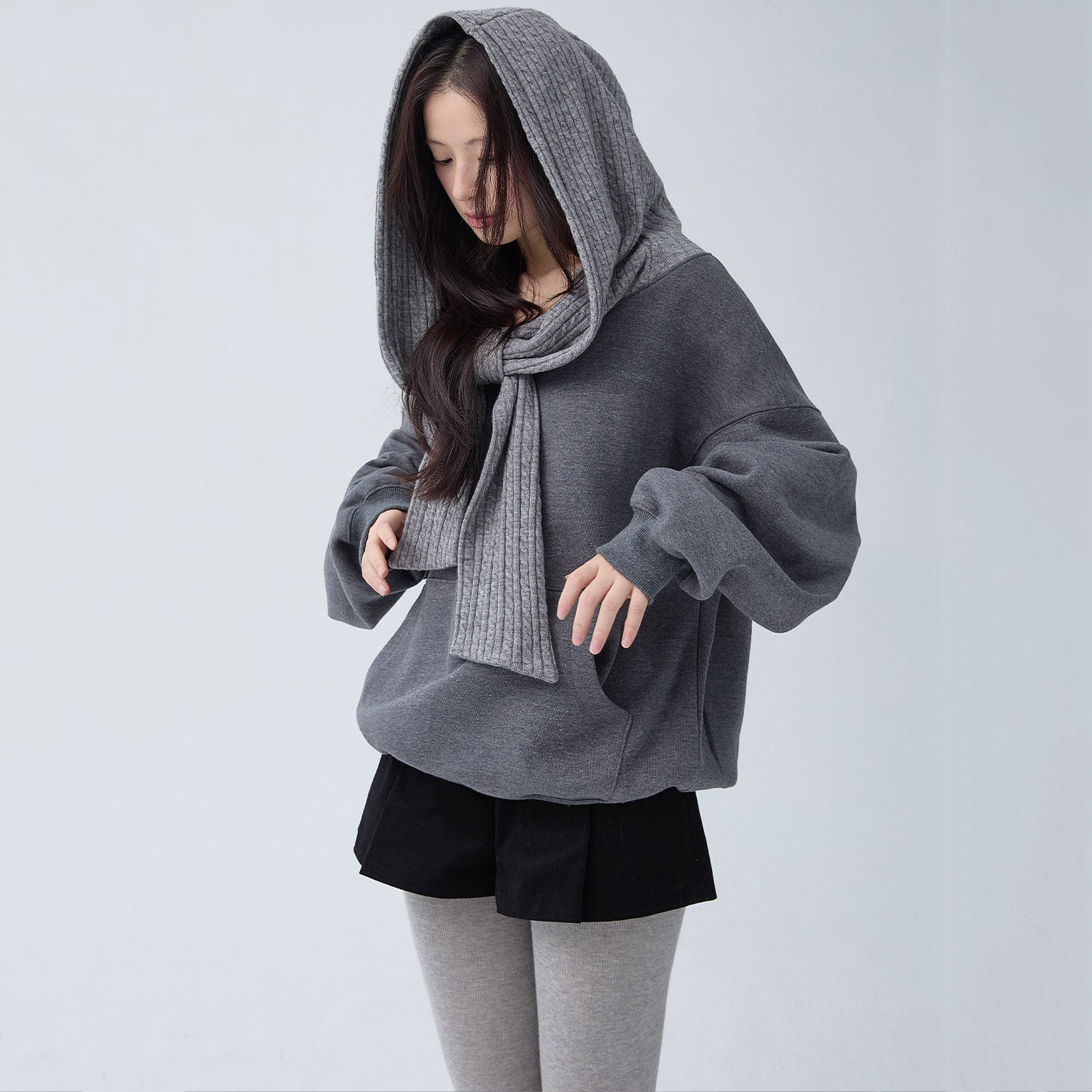 韩国东大门慵懒风可露肩两穿法宽松长袖连帽加绒套头卫衣绒衫女冬