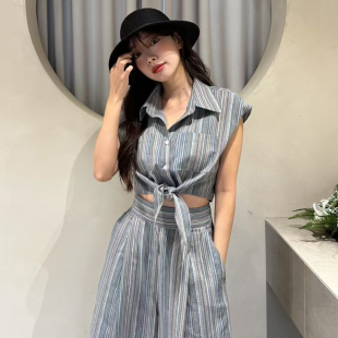小香风条纹小飞袖 套装 马甲衬衫 高腰阔腿休闲裤 女 韩国东大门法式