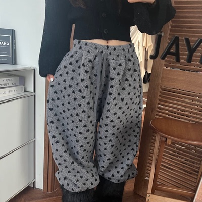 韩国松紧腰摇粒绒爱心阔腿休闲裤