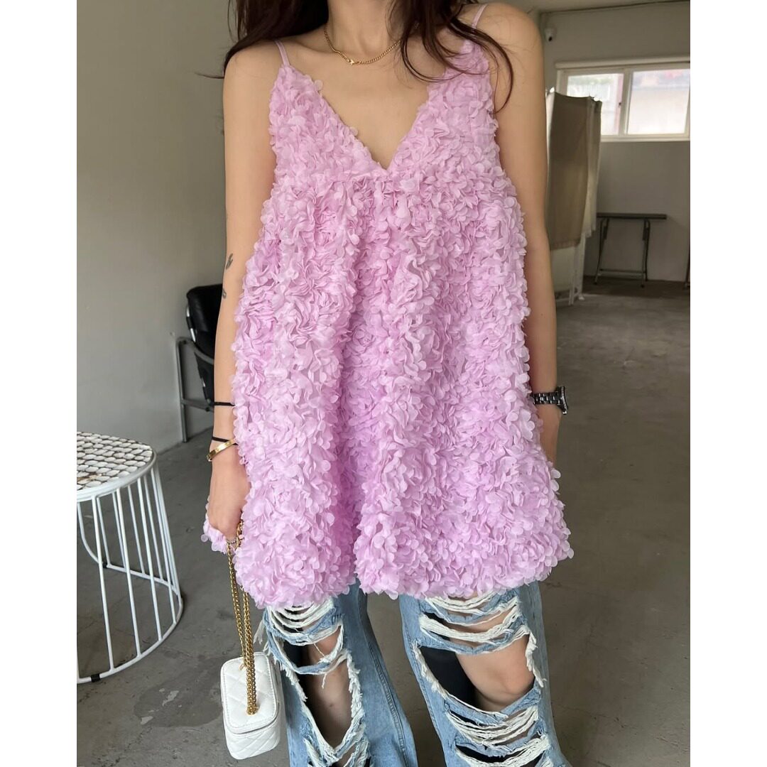 韩国东大门时髦重工立体蕾丝花朵V领吊带连衣裙外穿A字迷你吊带裙