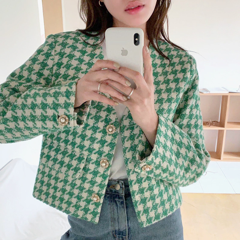 韩国V领珍珠扣千鸟格短款外套女