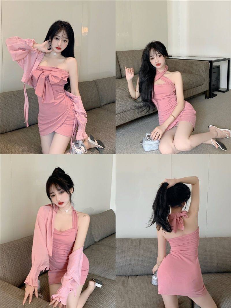 纯欲风挂脖露背连衣裙套装女夏秋新款设计感防晒衬衫性感包臀短裙