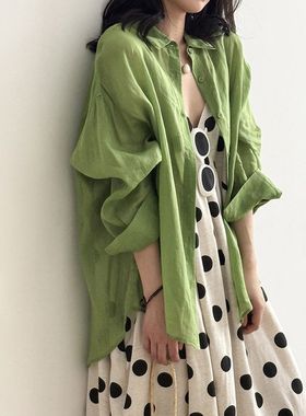 衬衫显瘦休闲长袖防晒减龄季法式苎麻外套天丝衬衣82012新款宽松