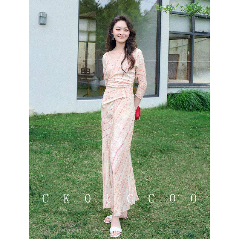 艺术修身晕染围裹式桑蚕丝真丝连衣裙女v领法式收腰绑带裙子长款