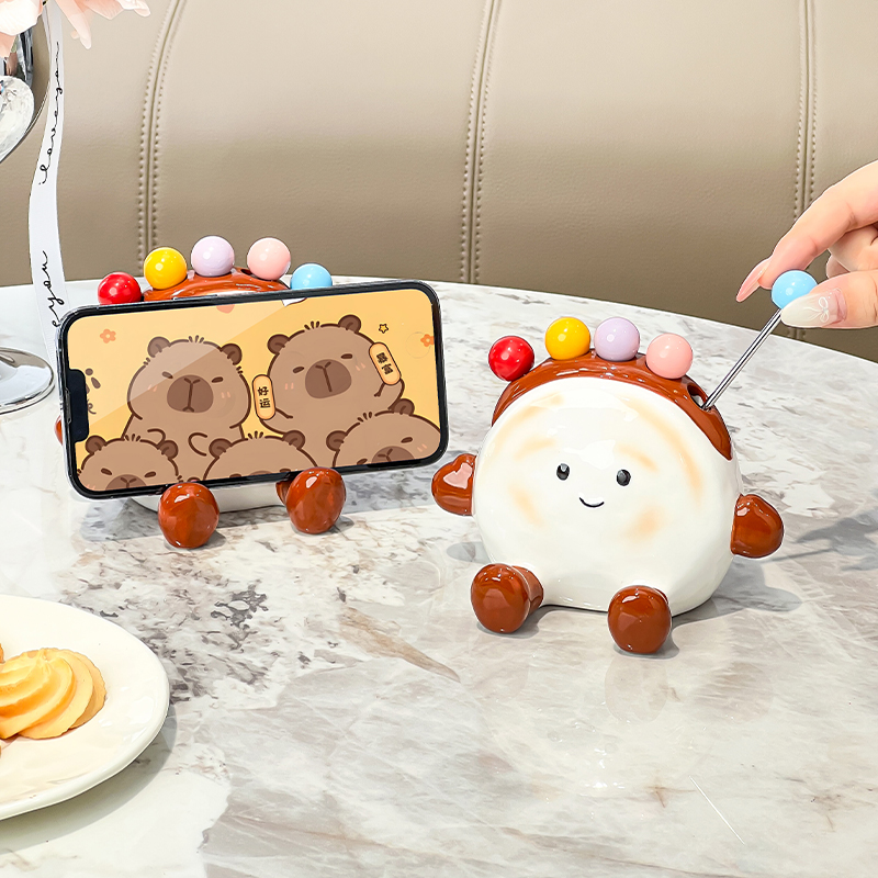 肉夹馍不锈钢水果叉套装家用甜品叉子创意陶瓷果签收纳罐手机架