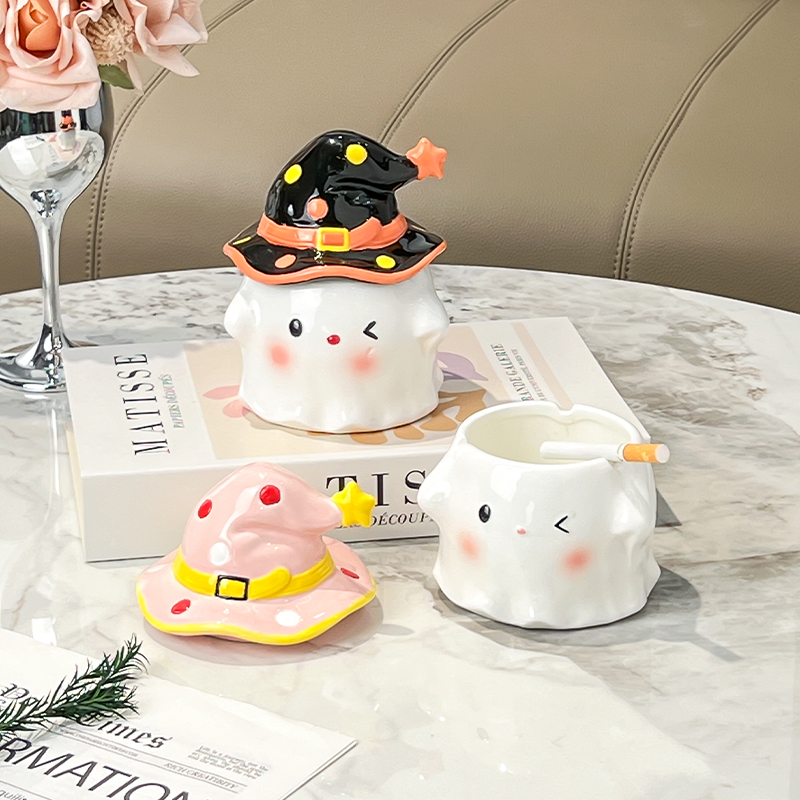 陶瓷烟灰缸带盖防飞灰客厅家用创意可爱摆件办公室茶几高颜值烟缸