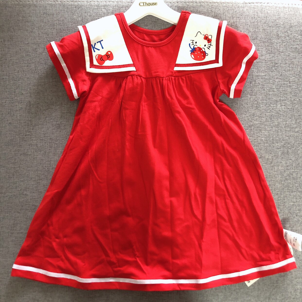Hellokitty儿童洋装裙子凯蒂猫女童夏针织短袖学院风海军领连衣裙