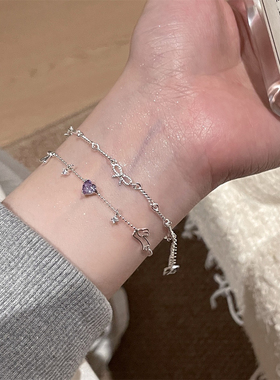 925纯银小清新紫色爱心锆石手链女精致甜美可爱兔蝴蝶结手链