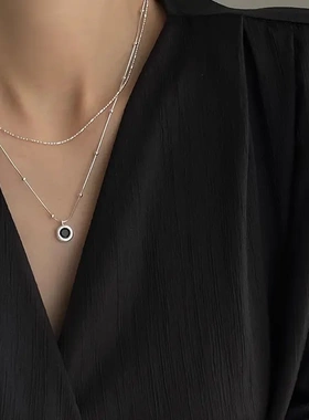 s925纯银黑玛瑙双层项链女ins秋冬款毛衣链小众清冷感圆珠蛇骨链