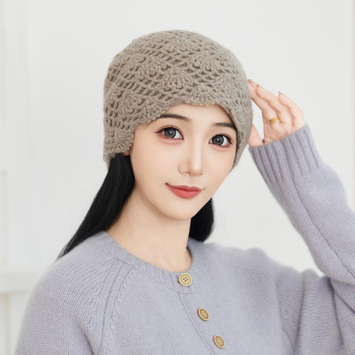 100%山羊绒手工钩花羊绒帽子女秋冬保暖包头帽百搭时尚针织帽