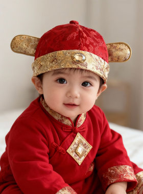 红色新年婴儿帽子百天宝宝地主帽
