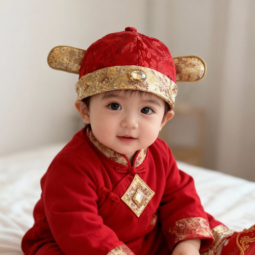 红色新年婴儿帽子百天宝宝地主帽