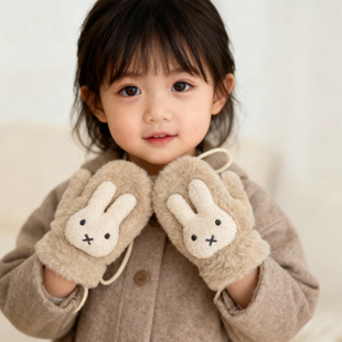 儿童手套冬季可爱兔子保暖宝宝手套连指挂脖加厚防寒男童女童手套