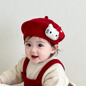 婴儿帽子秋冬季 新年红色宝宝贝雷帽喜庆保暖毛线针织男女童画家帽